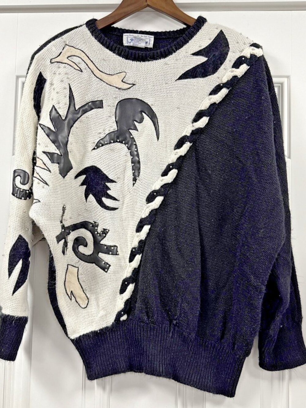 Vintage Plus Factor 80s 90s Womens Black White Beaded Pullover Sweater Size 20